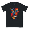 Black t-shirt with a colorful abstract face design on a white background
