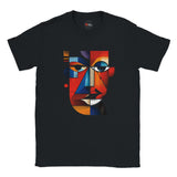 Black t-shirt with a colorful abstract face design on a white background