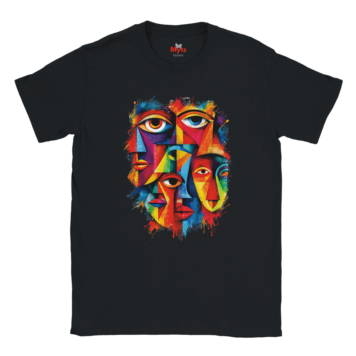 A black short-sleeve crewneck t-shirt featuring a colorful graphic print of three stylized faces with eyes, rendered in a vibrant, multi-colored abstract paint splatter style. The brand name 'MYLIS' is visible on the inner neck label.