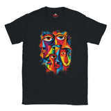 A black short-sleeve crewneck t-shirt featuring a colorful graphic print of three stylized faces with eyes, rendered in a vibrant, multi-colored abstract paint splatter style. The brand name 'MYLIS' is visible on the inner neck label.