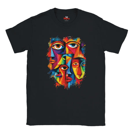 A black short-sleeve crewneck t-shirt featuring a colorful graphic print of three stylized faces with eyes, rendered in a vibrant, multi-colored abstract paint splatter style. The brand name 'MYLIS' is visible on the inner neck label.