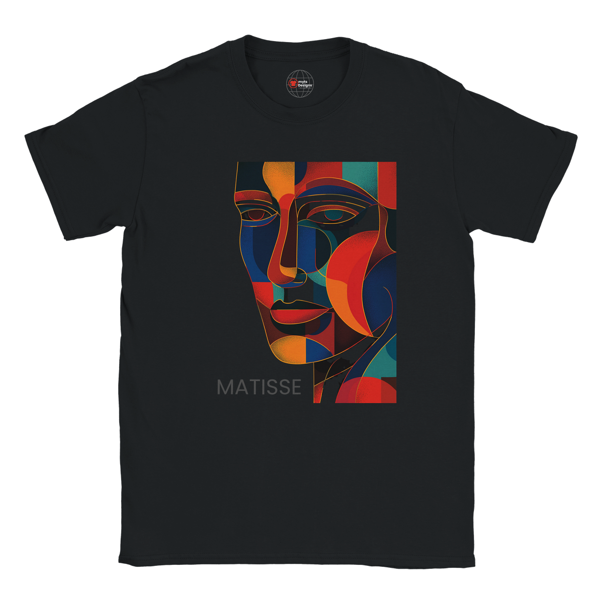 Black t-shirt with a colorful abstract face design and 'Matisse' text on a white background