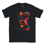 Black t-shirt with a colorful abstract face design and 'Matisse' text on a white background