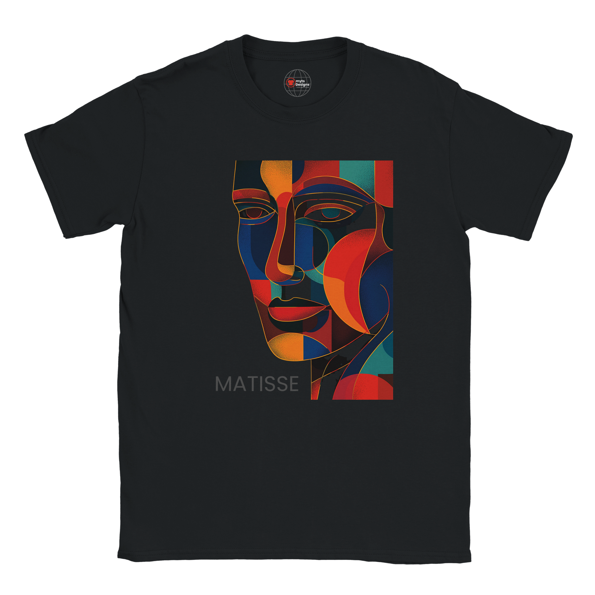 Black t-shirt with a colorful abstract face design and 'Matisse' text on a white background