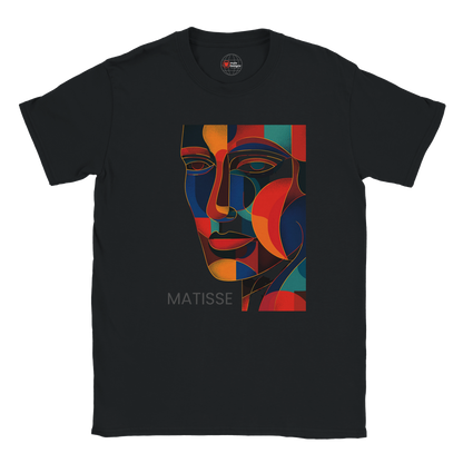 Black t-shirt with a colorful abstract face design and 'Matisse' text on a white background