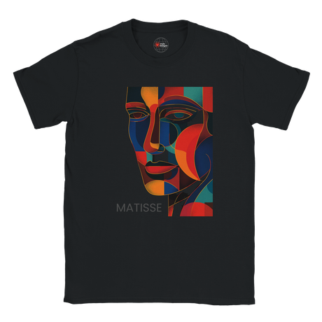 Black t-shirt with a colorful abstract face design and 'Matisse' text on a white background