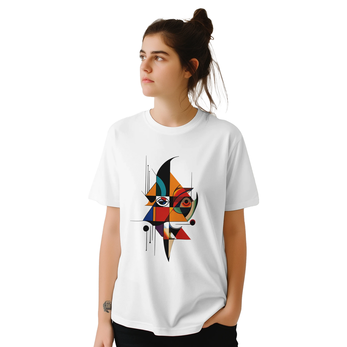 “White unisex T-shirt featuring an abstract geometric face design inspired by Picasso’s Cubist art, with bold shapes and vibrant colors, worn by a woman, available from MytsDesigns.com”