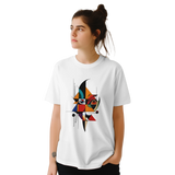 “White unisex T-shirt featuring an abstract geometric face design inspired by Picasso’s Cubist art, with bold shapes and vibrant colors, worn by a woman, available from MytsDesigns.com”