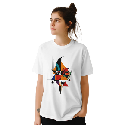“White unisex T-shirt featuring an abstract geometric face design inspired by Picasso’s Cubist art, with bold shapes and vibrant colors, worn by a woman, available from MytsDesigns.com”