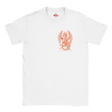 A white short-sleeve crewneck t-shirt featuring a red-orange line art graphic of a winged dragon on the center chest, with the brand name 'Myts' printed inside the collar.