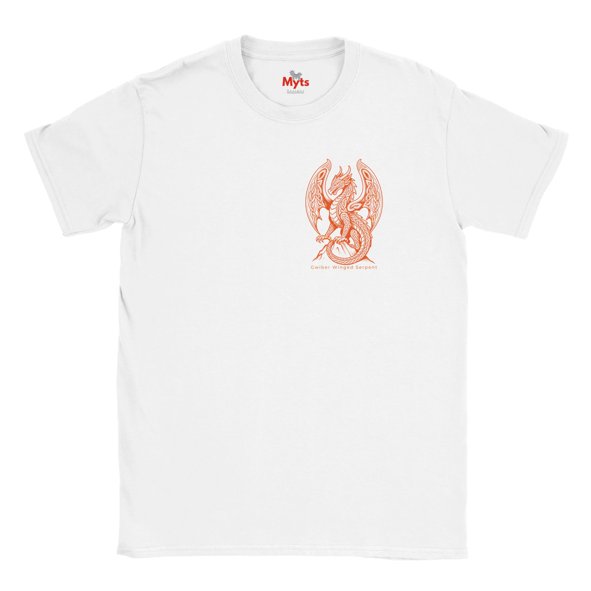 A white short-sleeve crewneck t-shirt featuring a red-orange line art graphic of a winged dragon on the center chest, with the brand name 'Myts' printed inside the collar.