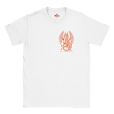 A white short-sleeve crewneck t-shirt featuring a red-orange line art graphic of a winged dragon on the center chest, with the brand name 'Myts' printed inside the collar.