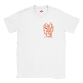 A white short-sleeve crewneck t-shirt featuring a red-orange line art graphic of a winged dragon on the center chest, with the brand name 'Myts' printed inside the collar.