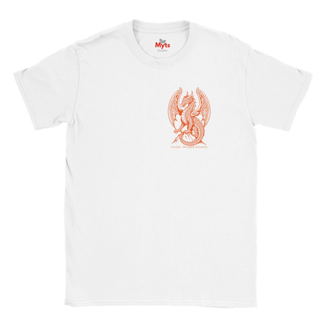 A white short-sleeve crewneck t-shirt featuring a red-orange line art graphic of a winged dragon on the center chest, with the brand name 'Myts' printed inside the collar.