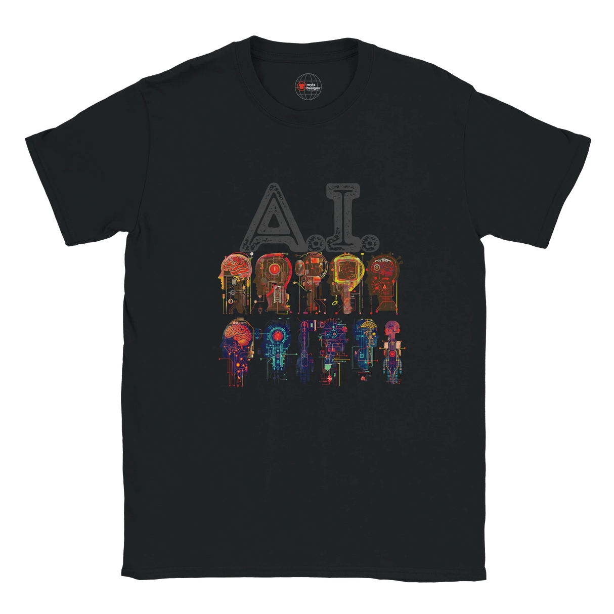 Black t-shirt with colorful robot graphic and 'AI' text on a white background