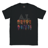 Black t-shirt with colorful robot graphic and 'AI' text on a white background