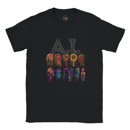 Black t-shirt with colorful robot graphic and 'AI' text on a white background
