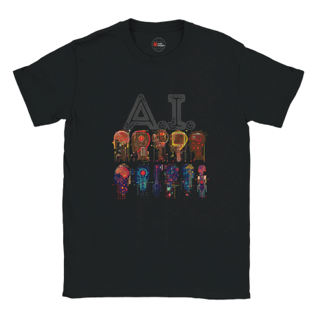 Black t-shirt with colorful robot graphic and 'AI' text on a white background