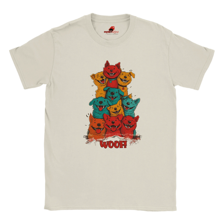 A flat lay white T-shirt featuring a vibrant graphic of cartoon puppies stacked in red, orange, blue, and yellow hues, with the playful text “WOOF!” below the design.