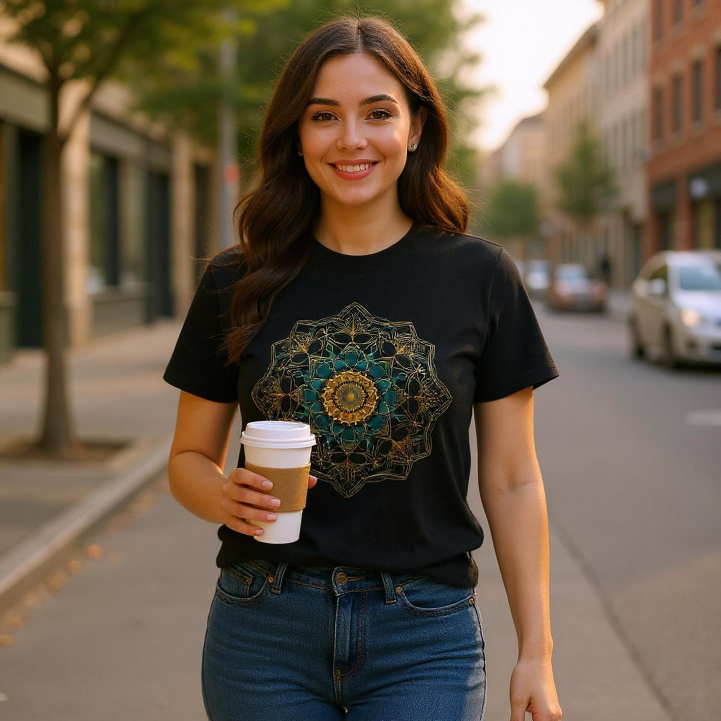 A woman wearing a black t-shirt with a colorful design, holding a coffee cup on a city street.