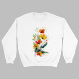 A white sweatshirt featuring an artistic watercolor floral design with red, yellow, and orange wildflowers accented by lush green leaves and delicate splatters.

