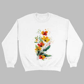 A white sweatshirt featuring an artistic watercolor floral design with red, yellow, and orange wildflowers accented by lush green leaves and delicate splatters.

