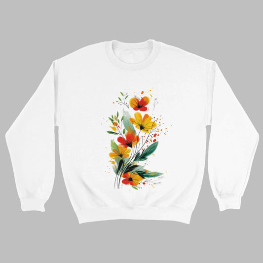 A white sweatshirt featuring an artistic watercolor floral design with red, yellow, and orange wildflowers accented by lush green leaves and delicate splatters.

