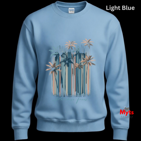 Light blue sweatshirt with palm tree design on a black background