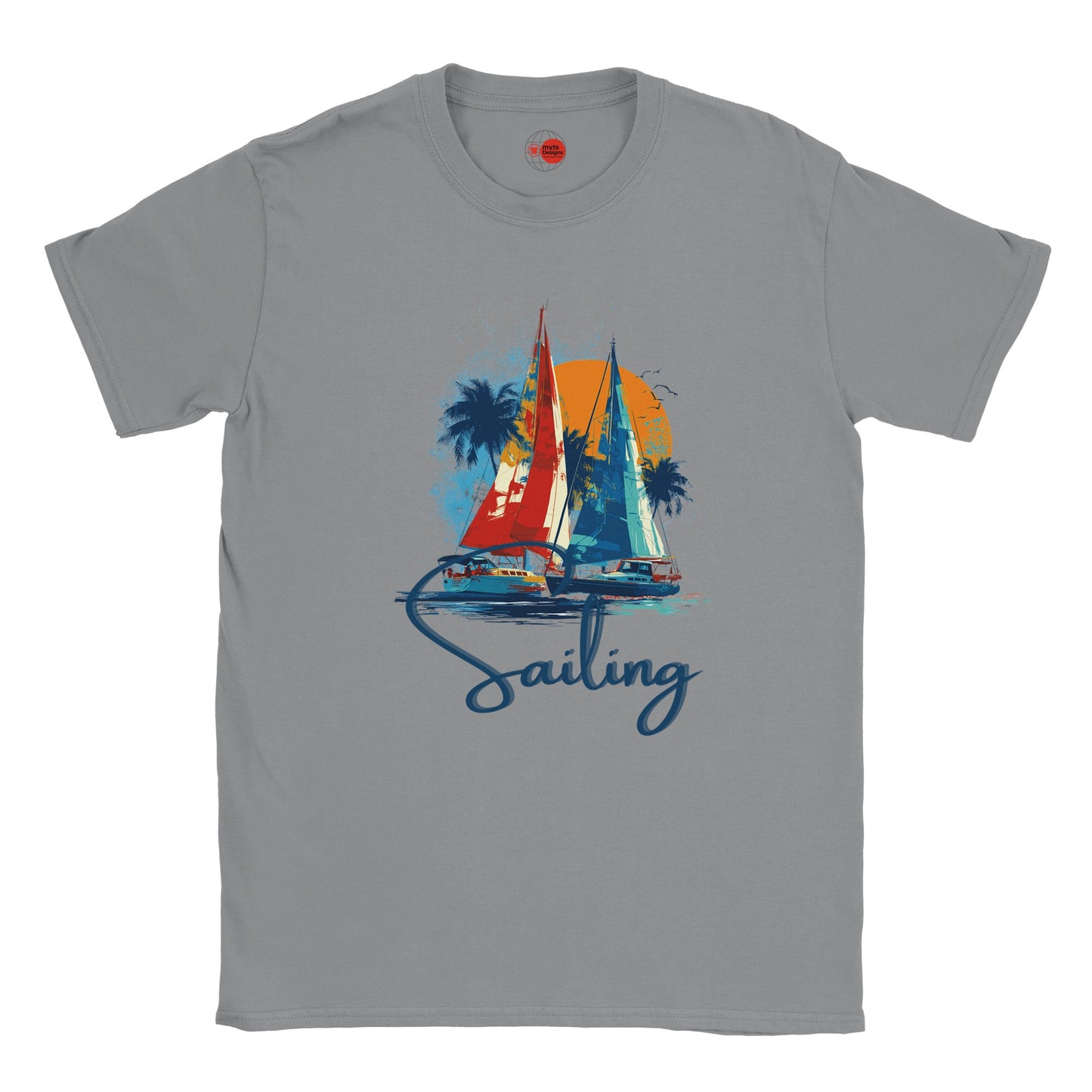 Gray t-shirt with a sailboat graphic and 'Sailing' text on a white background