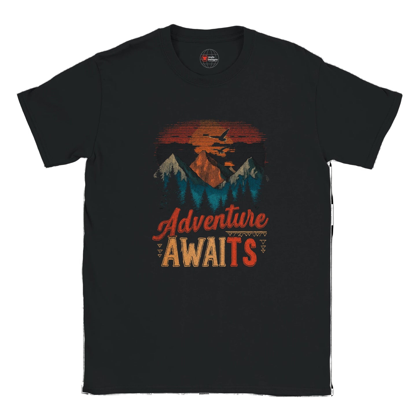 Black t-shirt with 'Adventure Awaits' graphic design on a white background