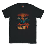 Black t-shirt with 'Adventure Awaits' graphic design on a white background