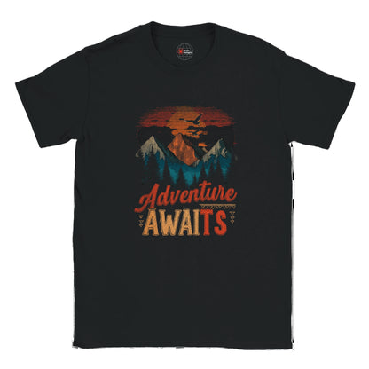 Black t-shirt with 'Adventure Awaits' graphic design on a white background