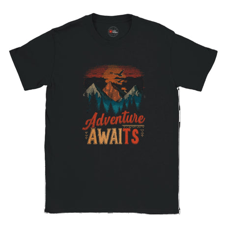 Black t-shirt with 'Adventure Awaits' graphic design on a white background
