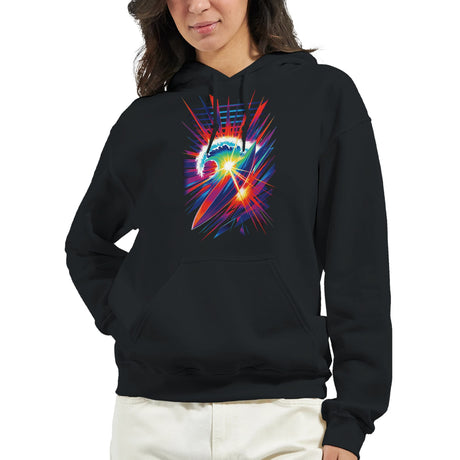 Black hoodie with colorful abstract design worn by a person on a white background