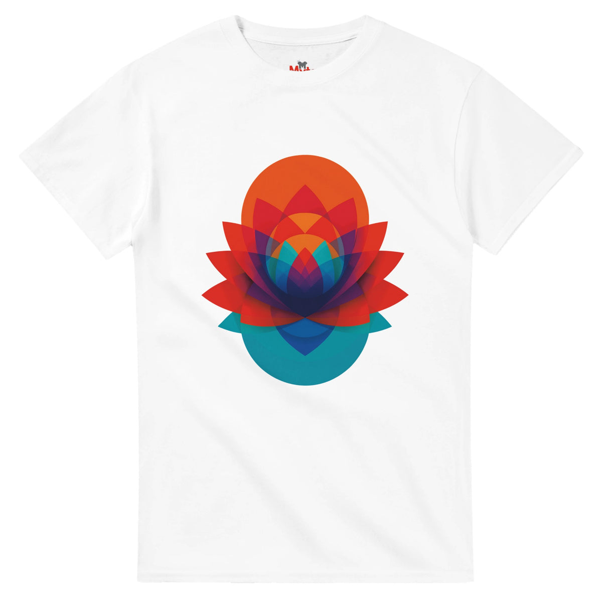 Geometric lotus flower T-shirt with colourful layered abstract design on white tee