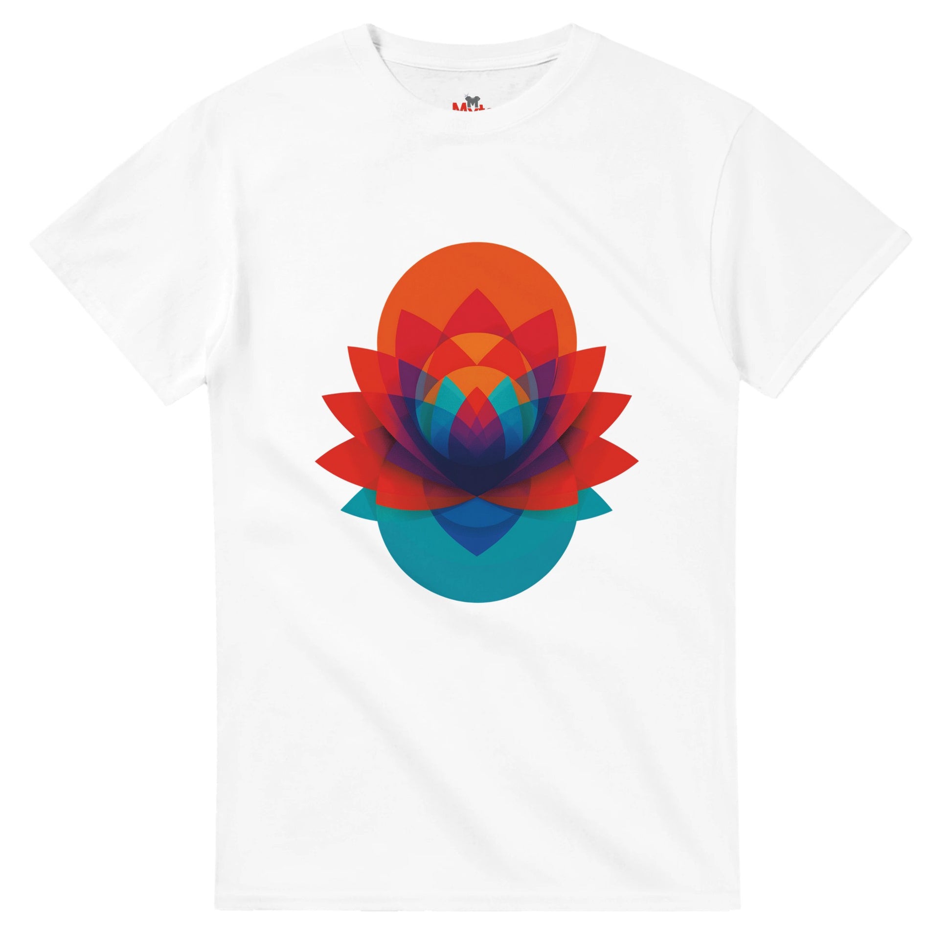 Geometric lotus flower T-shirt with colourful layered abstract design on white tee