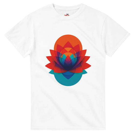 Geometric lotus flower T-shirt with colourful layered abstract design on white tee