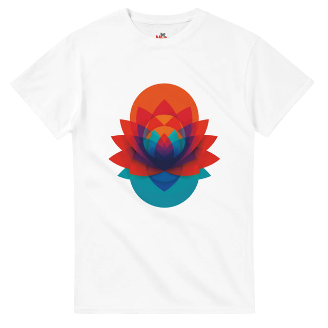 Geometric lotus flower T-shirt with colourful layered abstract design on white tee