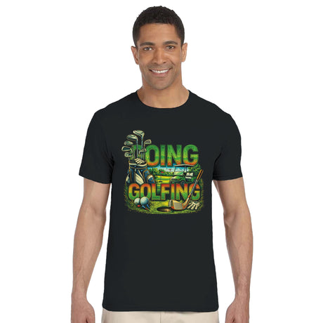 Man wearing a black t-shirt with a colorful golf-themed graphic and text.