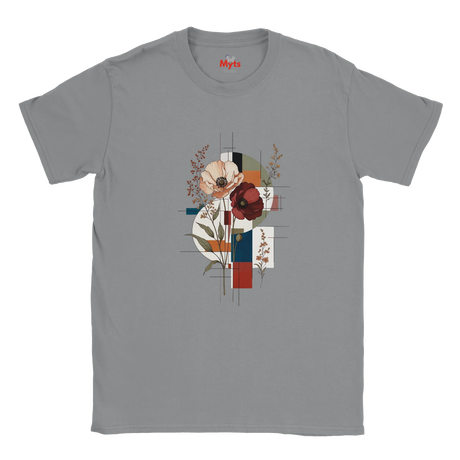 A gray crewneck t-shirt featuring a central graphic print of abstract flowers and geometric shapes in red, blue, beige, and white. The brand name 'Myts' is printed in red inside the collar.