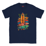 Navy blue t-shirt with colorful surfboard design on a white background