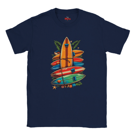 Navy blue t-shirt with colorful surfboard design on a white background