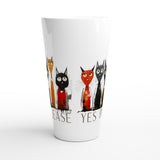 A white ceramic pint glass featuring a whimsical illustration of five cats in different colors wearing red bow ties, with the text 'PLEASE YES PLEASE' printed below them.