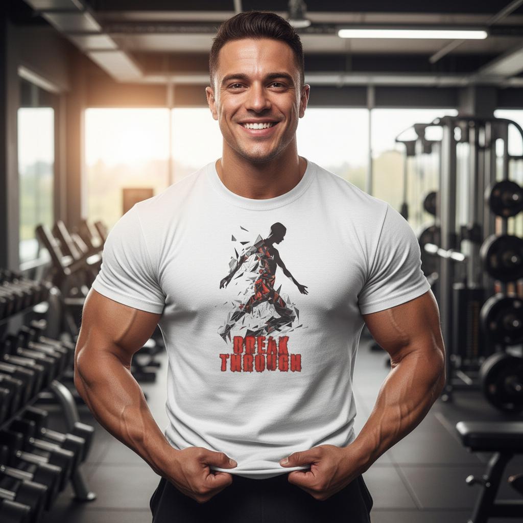 Muscular man wearing a white t-shirt with a graphic design in a gym setting
