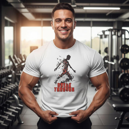 Muscular man wearing a white t-shirt with a graphic design in a gym setting