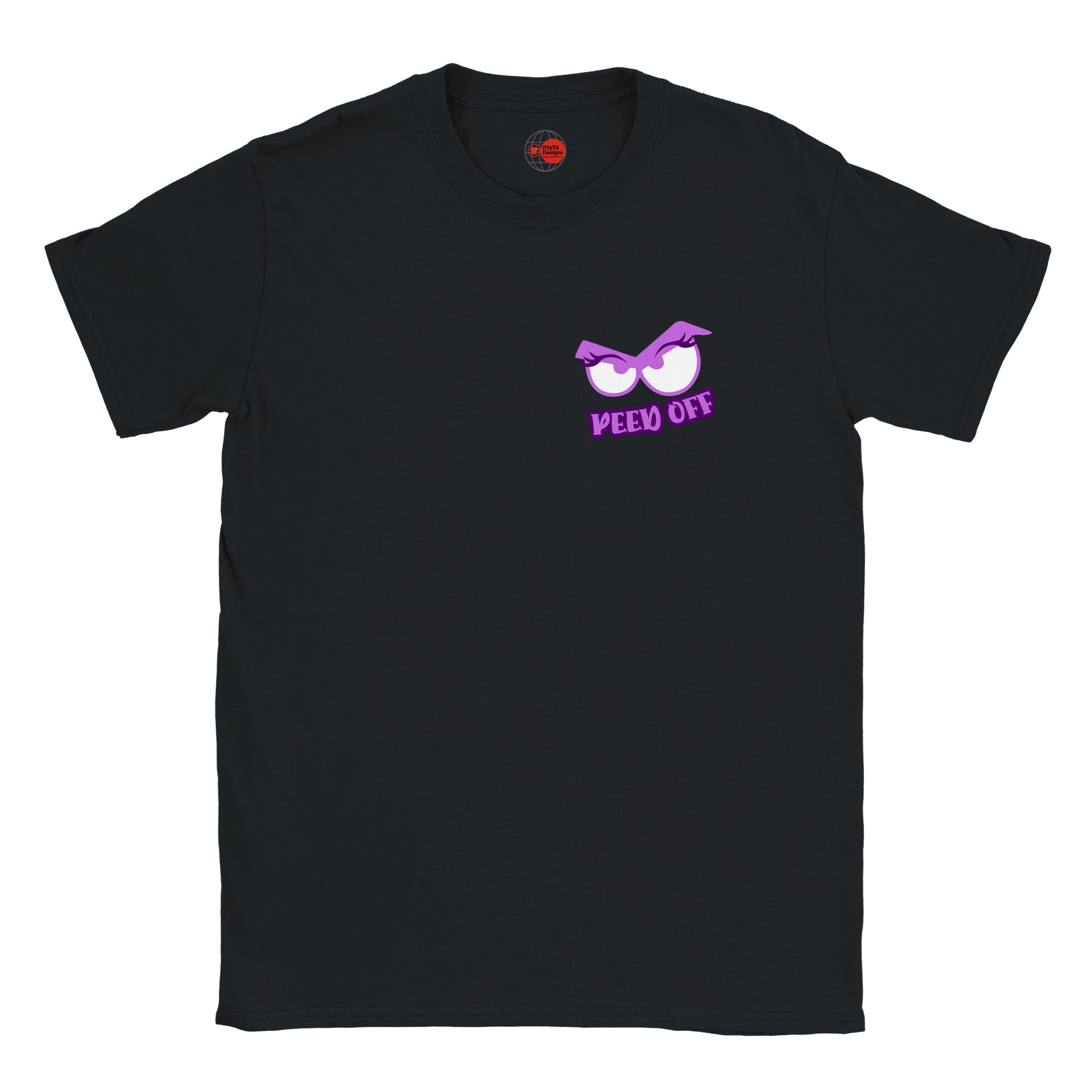 Black t-shirt with a graphic design on the chest against a white background