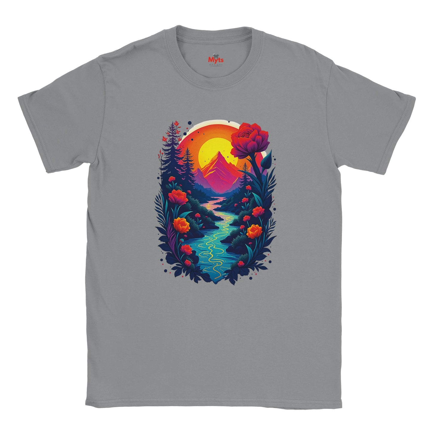 Gray t-shirt with a colorful nature graphic on a white background
