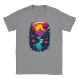Gray t-shirt with a colorful nature graphic on a white background