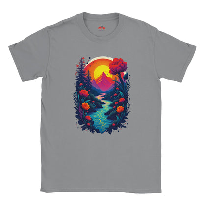 Gray t-shirt with a colorful nature graphic on a white background