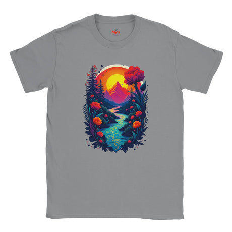 Gray t-shirt with a colorful nature graphic on a white background